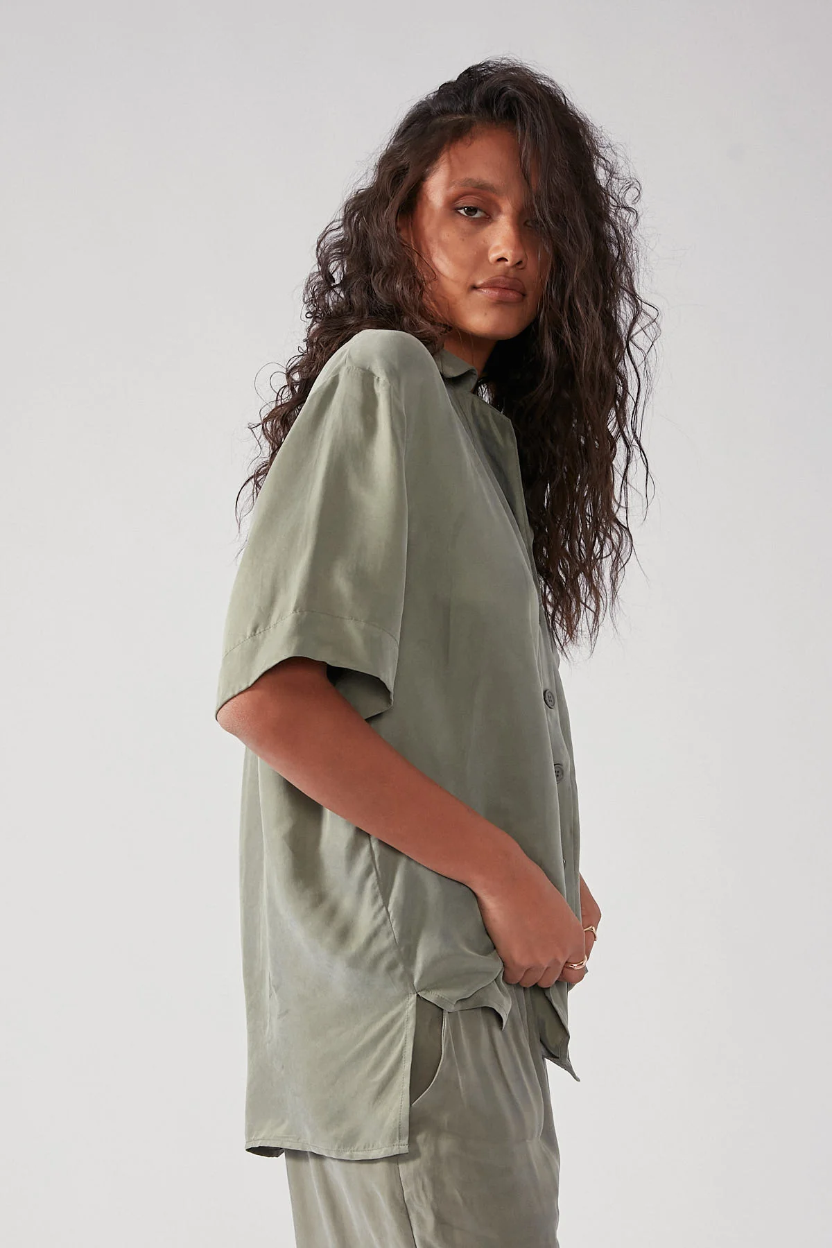 Perfect Stranger Ace Cupro Button Up Shirt Sage - Image 5