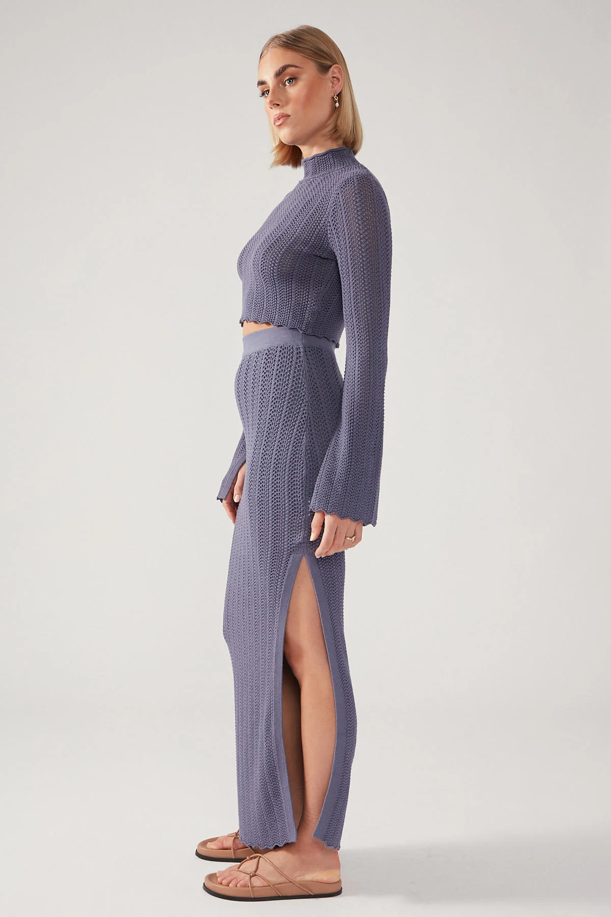 Perfect Stranger Crochet Split Maxi Skirt Steel Blue - Image 3