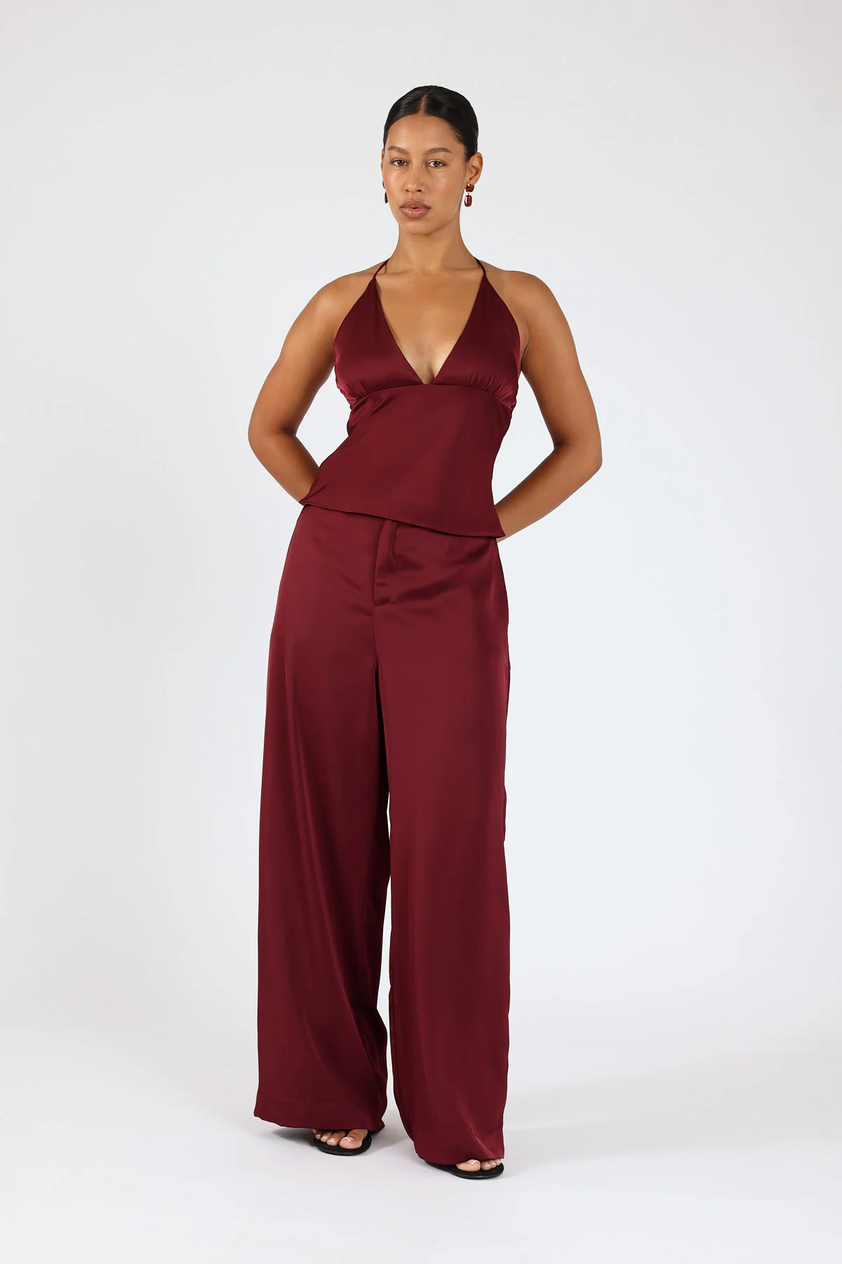 Perfect Stranger Ellie Satin Mid Rise Tailored Pants Burgundy