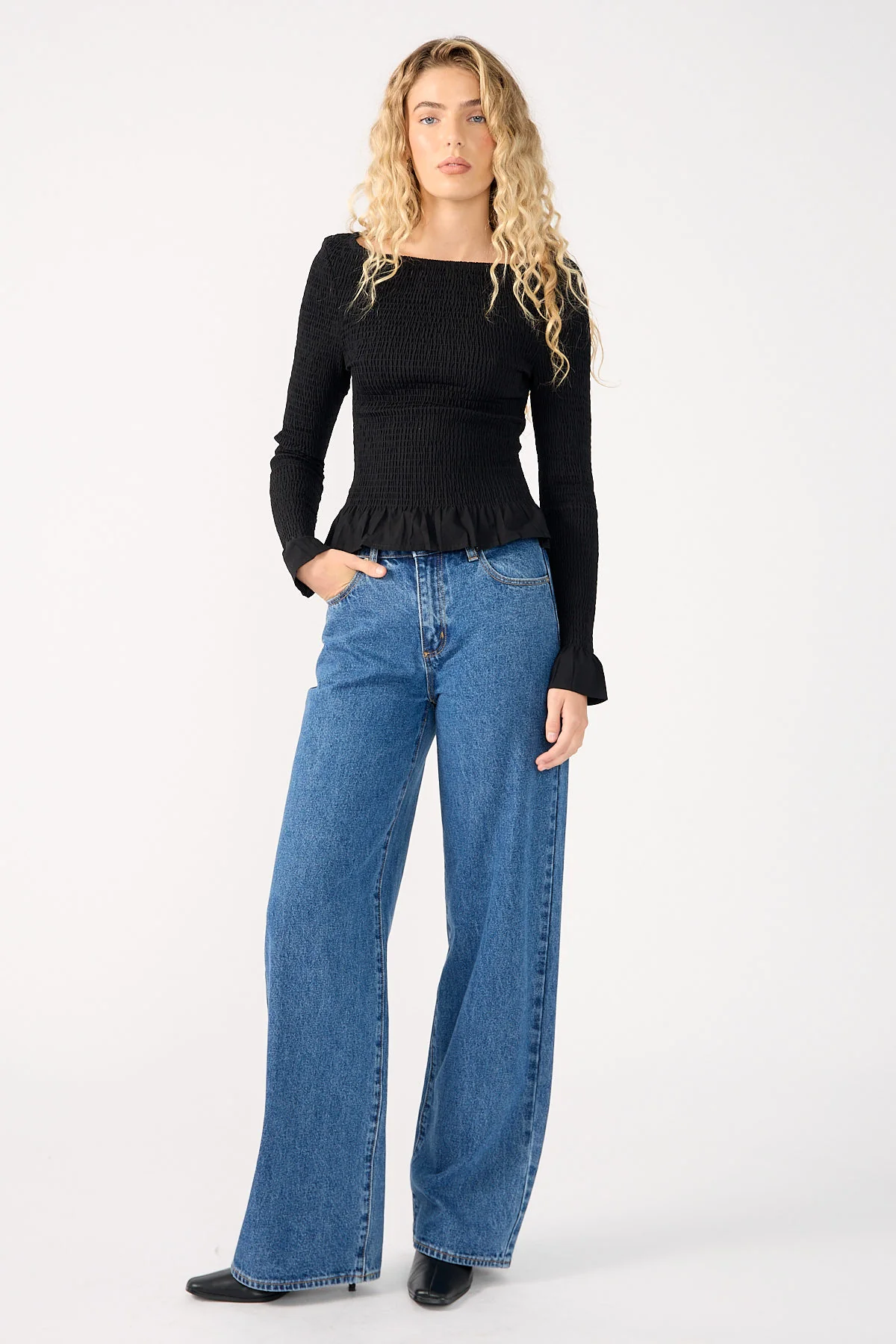 Perfect Stranger High Neck Shirred Long Sleeve Top Black - Image 2