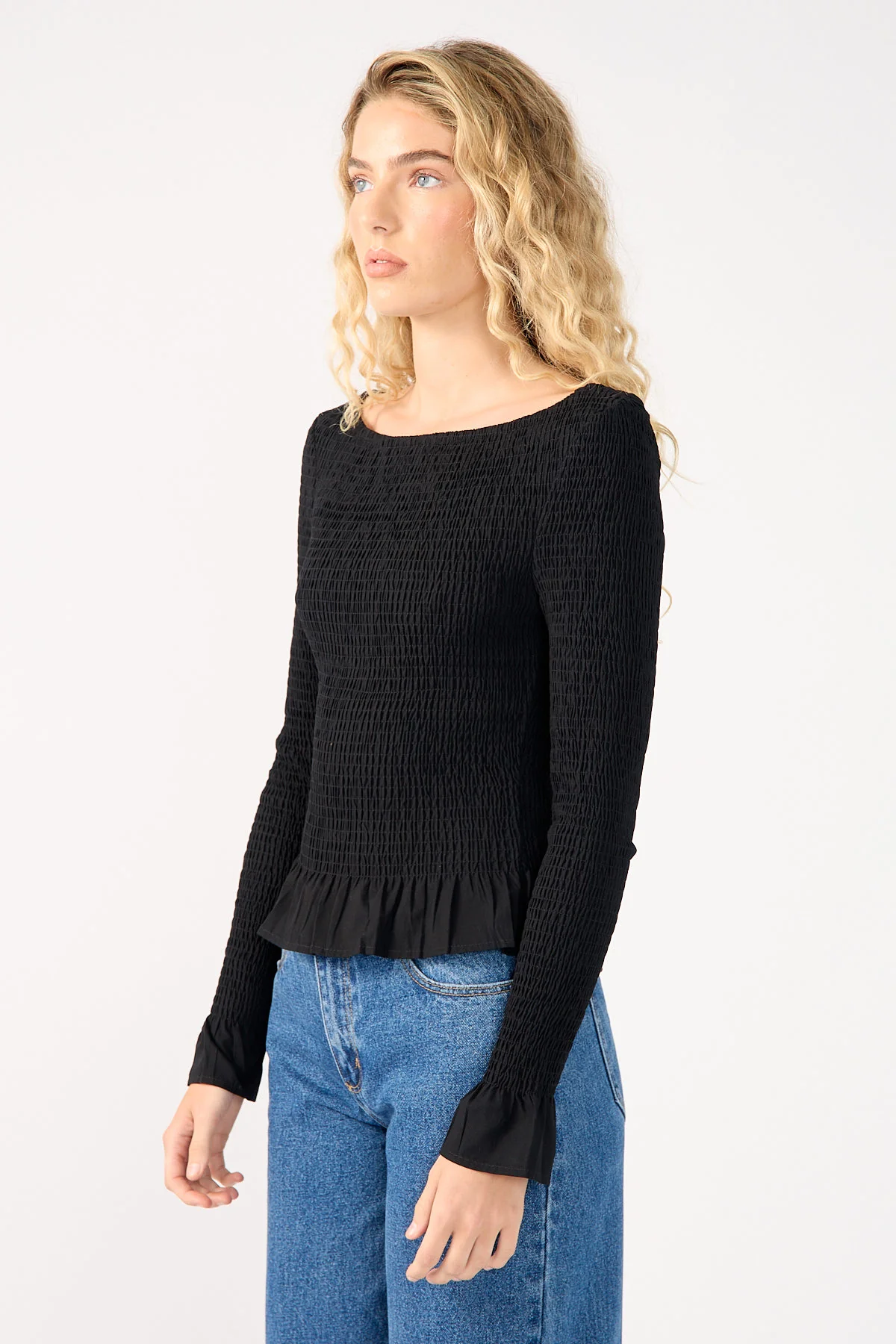 Perfect Stranger High Neck Shirred Long Sleeve Top Black - Image 4