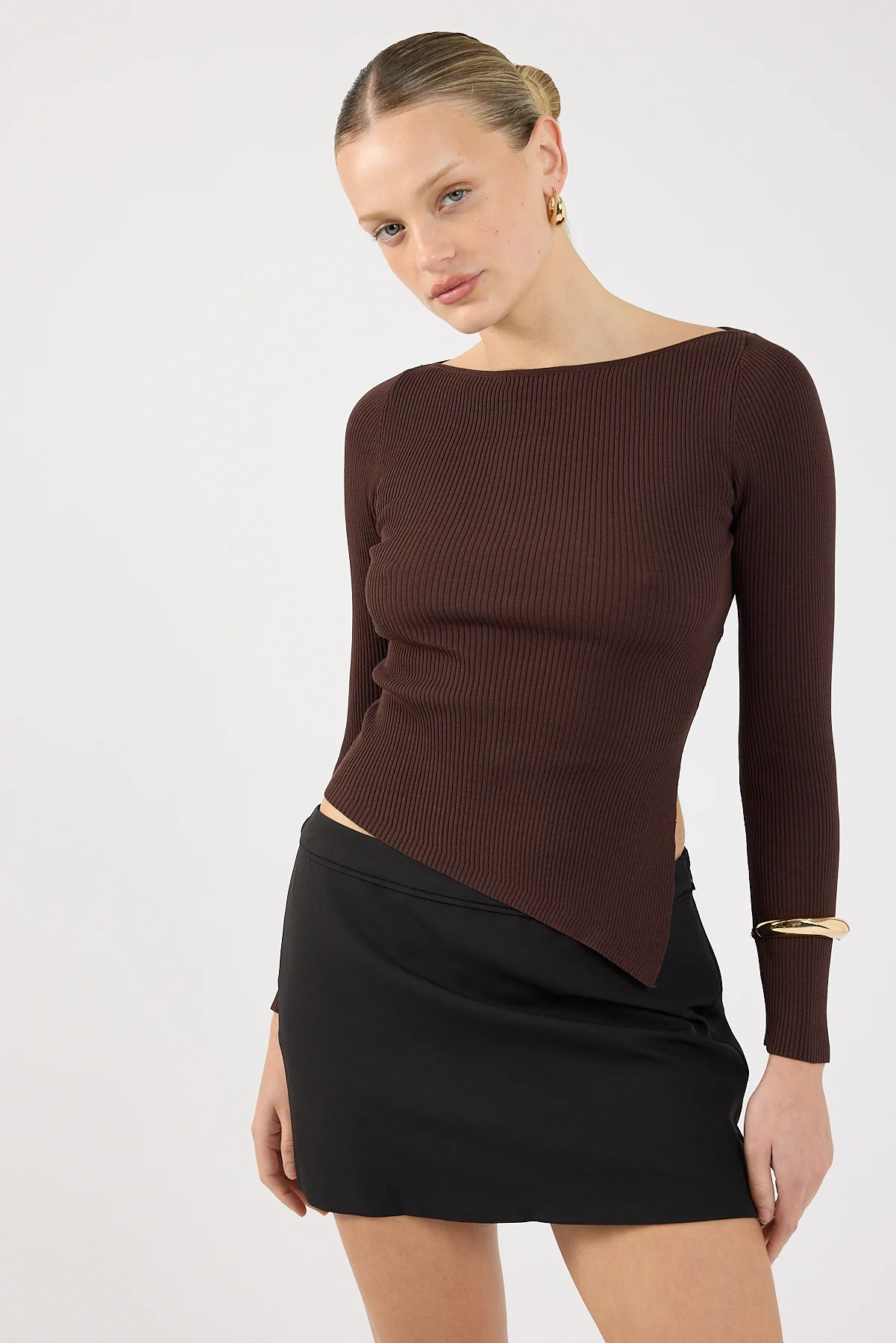 Perfect Stranger Long Sleeve Asymmetrical Rib Knit Top Brown - Image 3