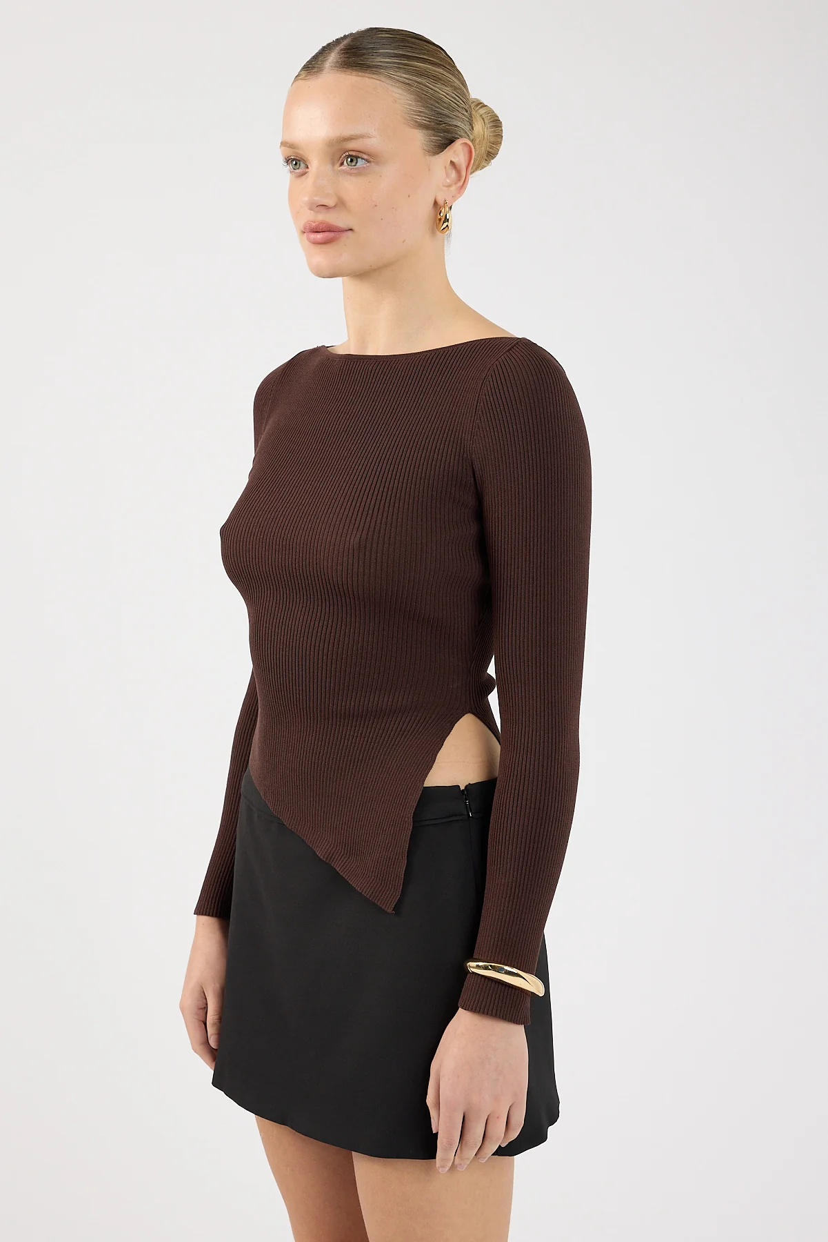 Perfect Stranger Long Sleeve Asymmetrical Rib Knit Top Brown - Image 5