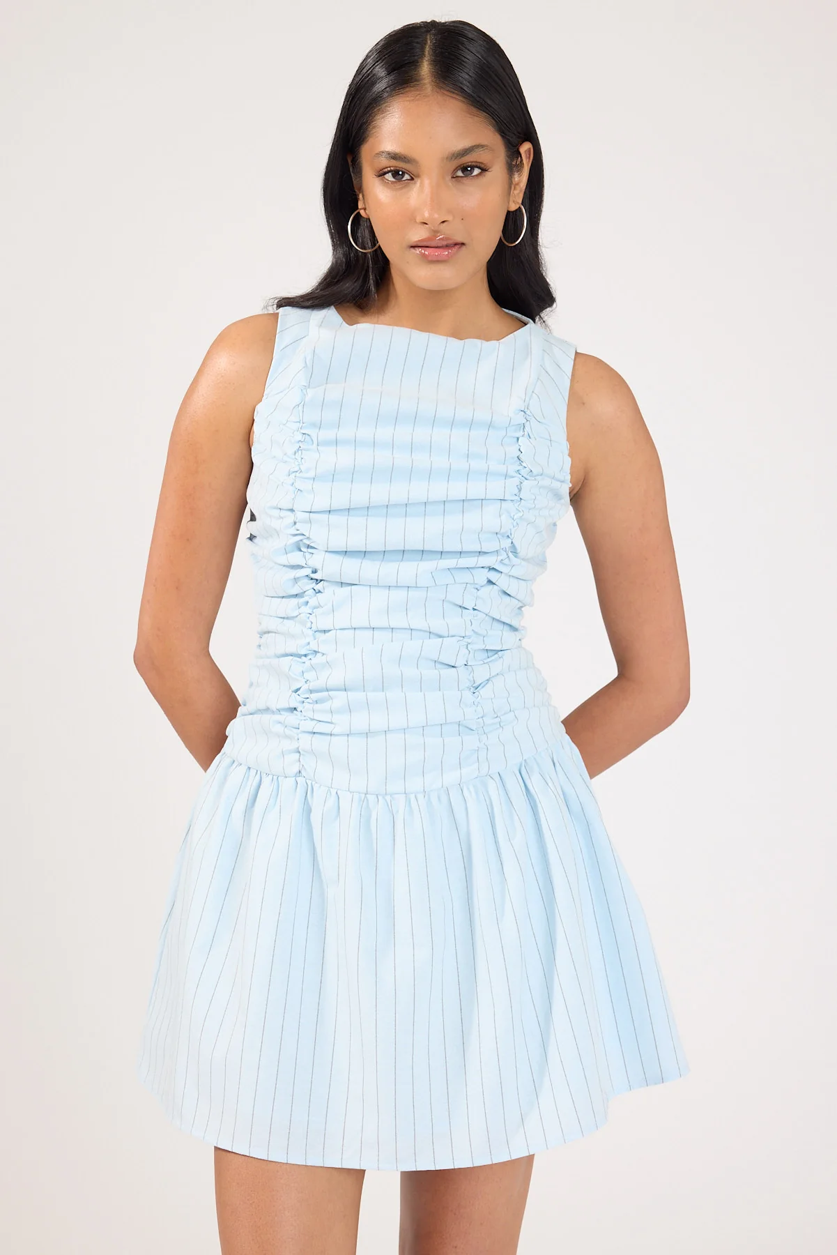 Perfect Stranger Nikki Gathered High Neck Mini Dress Blue Stripe - Image 5