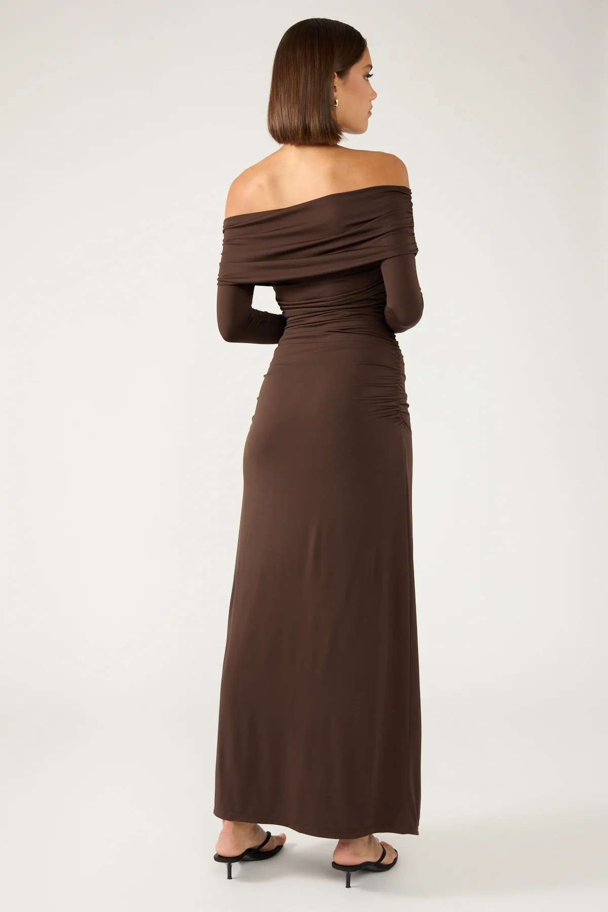 Perfect Stranger Rosetta Off Shoulder Long Sleeve Maxi Dress Ash Brown - Image 6