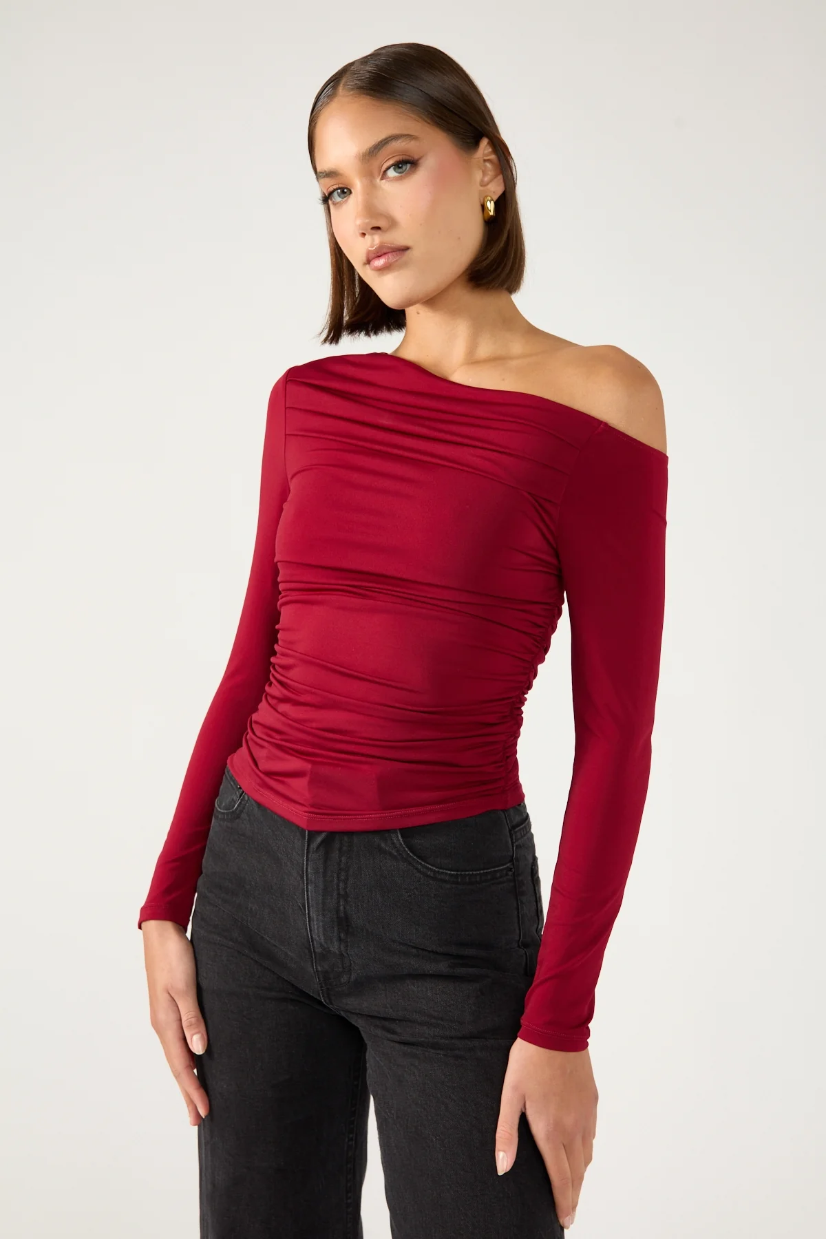 Perfect Stranger Rosh Gathered Long Sleeve Top Burgundy - Image 5