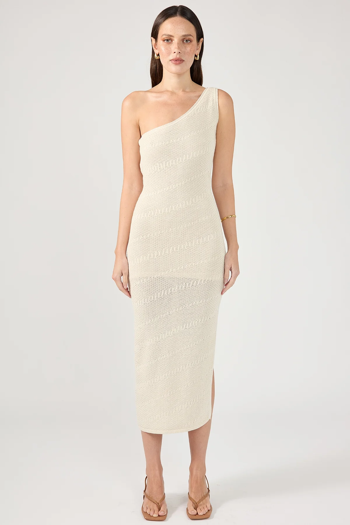 Perfect Stranger Sahara Diagonal Knit One Shoulder Midi Dress Nude - Image 5